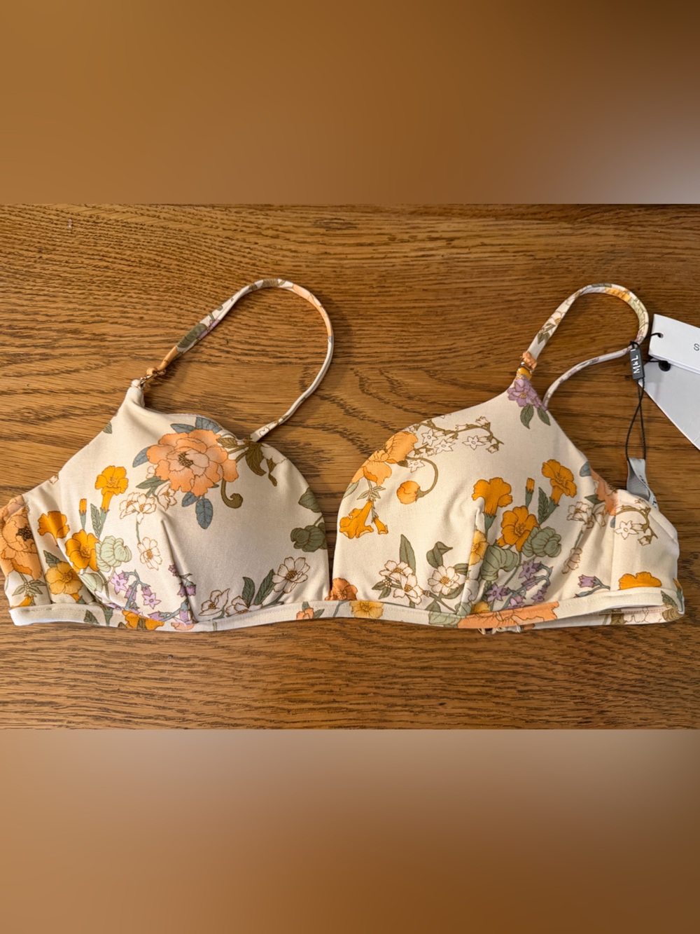 Cream Floral Bikini Top with Orange Accents - Women's Swim